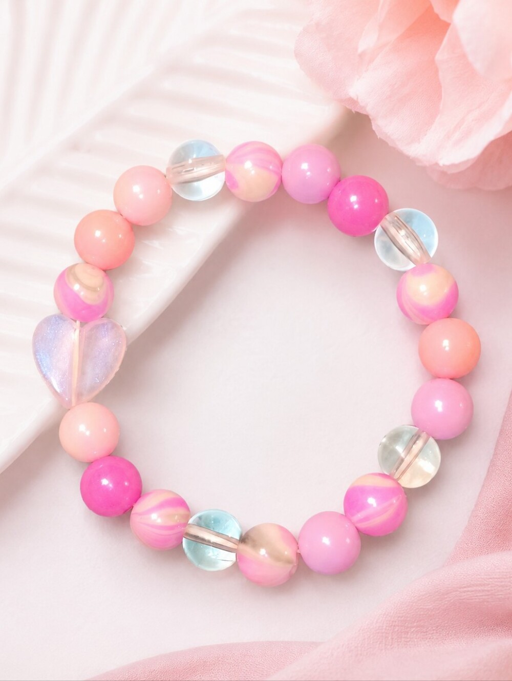 Disco Candy Pink Heart Beaded Stretch Bracelet Handmade